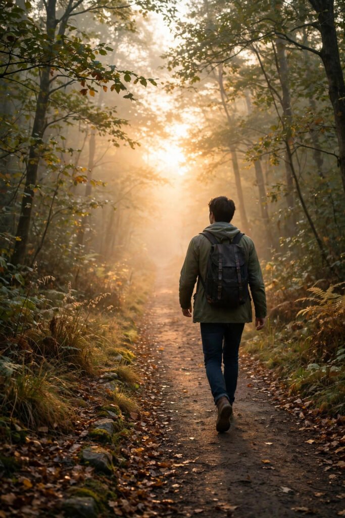 Person walking forward on a quiet path toward soft morning light, for how to let go of past mistakes