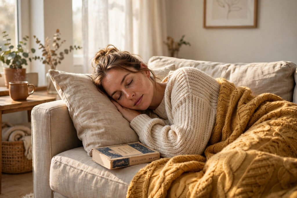 Person resting peacefully on a sofa with a book and warm blanket in soft afternoon light, for how to stop feeling guilty for resting