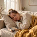 Person resting peacefully on a sofa with a book and warm blanket in soft afternoon light, for how to stop feeling guilty for resting