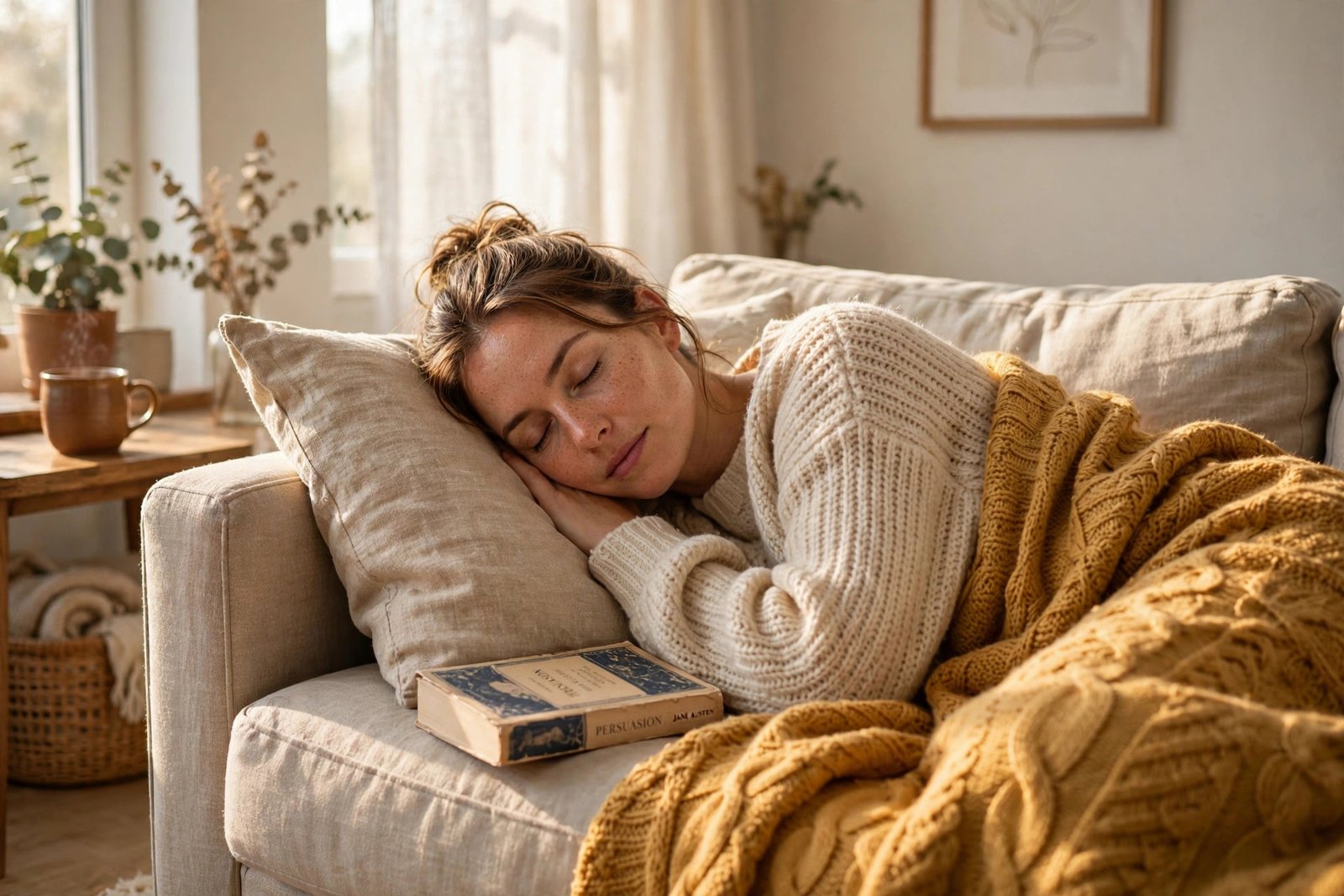 Person resting peacefully on a sofa with a book and warm blanket in soft afternoon light, for how to stop feeling guilty for resting