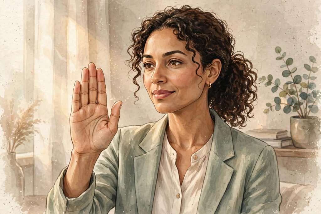 A confident woman gently raising her hand in a calm no gesture, setting a healthy boundary in warm morning light, illustrating how to stop people-pleasing and start saying no.