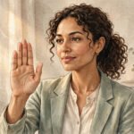 A confident woman gently raising her hand in a calm no gesture, setting a healthy boundary in warm morning light, illustrating how to stop people-pleasing and start saying no.
