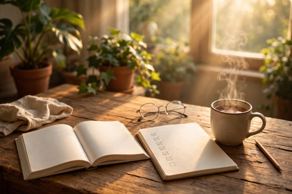 Warm morning study scene with open textbooks, a checklist notebook and tea in golden sunlight, for how to stay motivated to study.