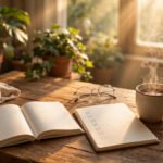 Warm morning study scene with open textbooks, a checklist notebook and tea in golden sunlight, for how to stay motivated to study.