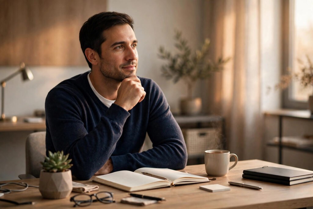 Calm confident person listening to feedback at a desk, for how to deal with criticism without taking it personally.