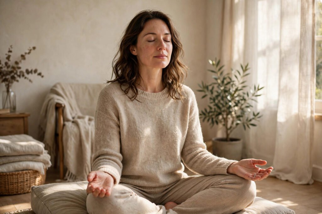 Person practicing slow breathing to calm a panic attack in a quiet sunlit room, for how to stop a panic attack.