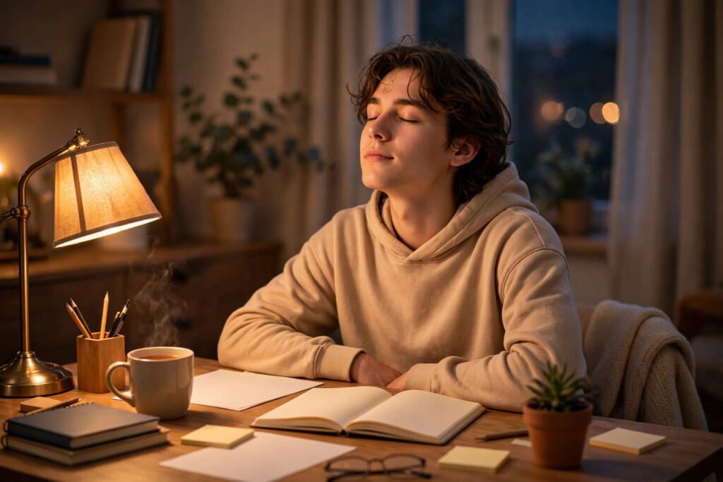 Calm student taking a deep breath while reviewing notes at a warm-lit desk in the evening before an exam, for how to handle exam pressure