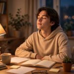 Calm student taking a deep breath while reviewing notes at a warm-lit desk in the evening before an exam, for how to handle exam pressure