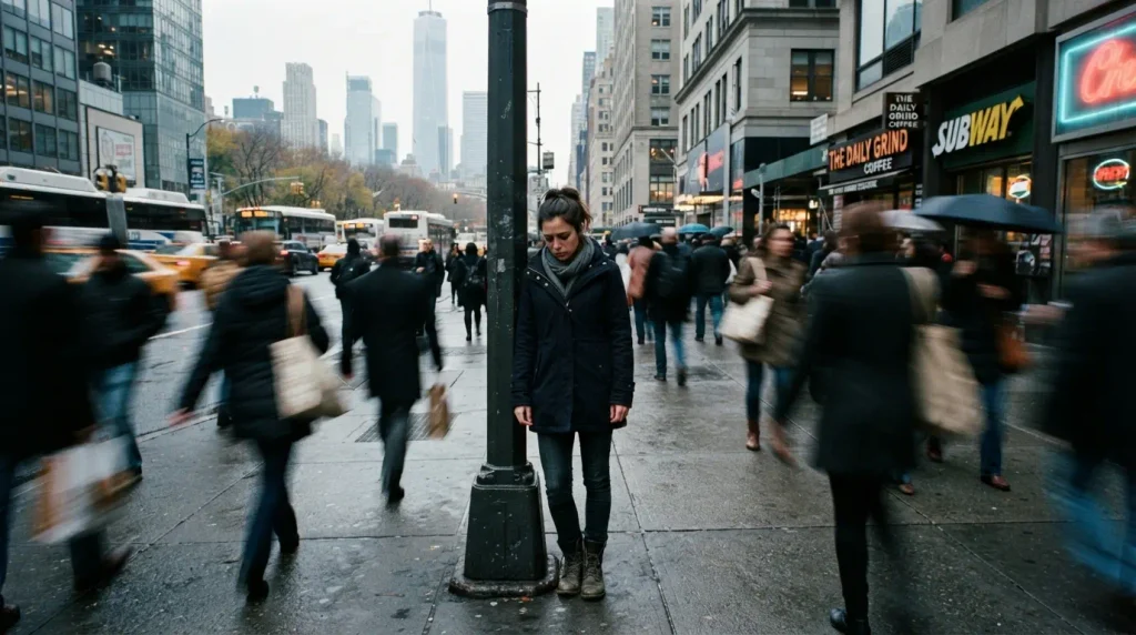 Person experiencing loneliness and depression while standing alone along a poll on a busy road
