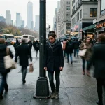 Person experiencing loneliness and depression while standing alone along a poll on a busy road
