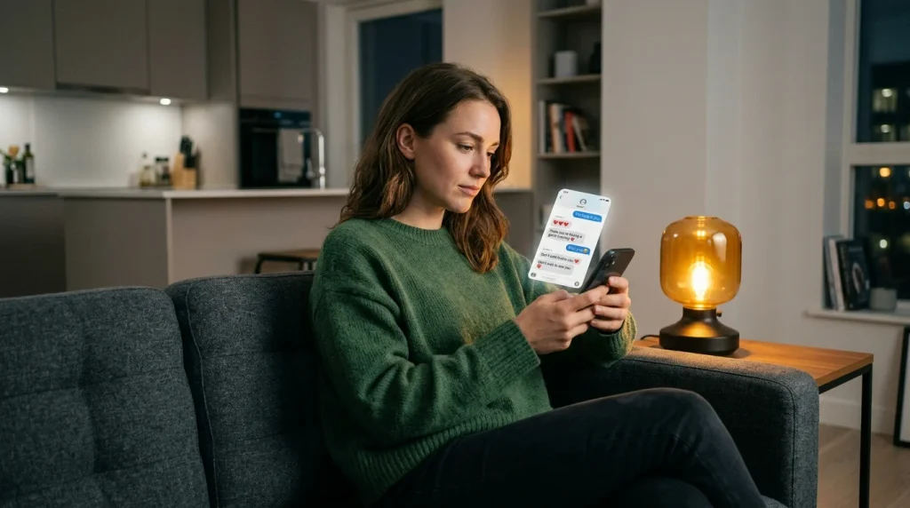 Person reflecting on intense romantic messages and recognizing possible signs of love bombing