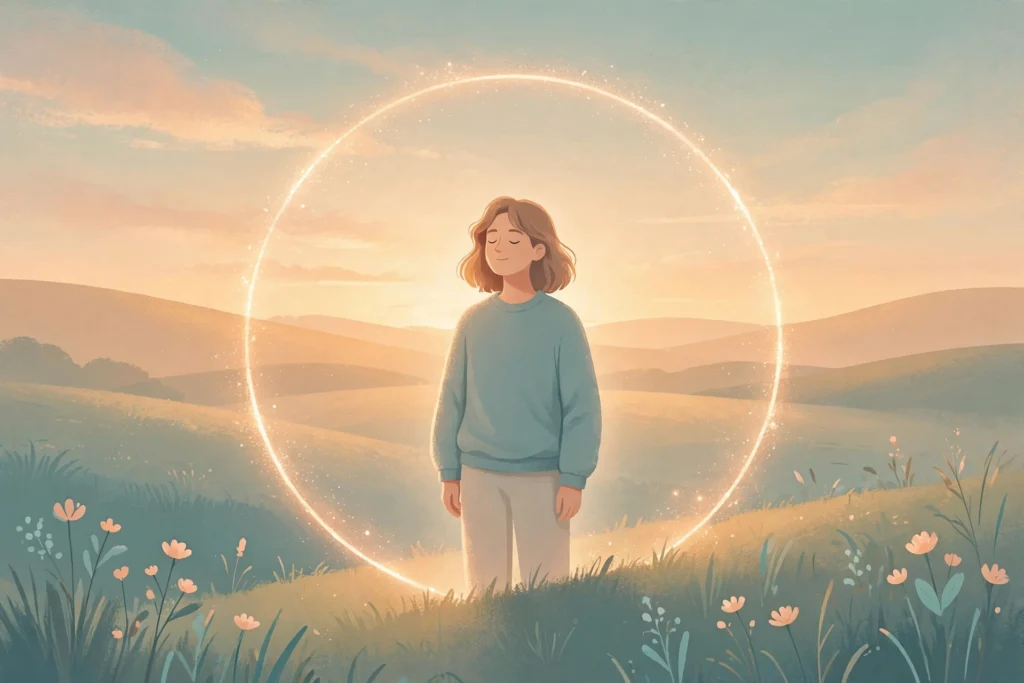 Illustration of a person calmly standing within a glowing boundary circle at sunrise, representing how to set boundaries without feeling guilty