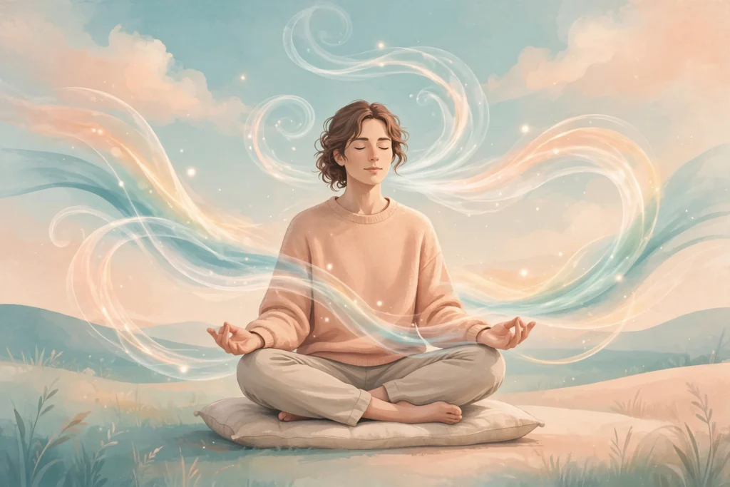 Illustration of a serene person practicing deep breathing with soft ribbons of air, representing breathing techniques for anxiety