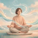 Illustration of a serene person practicing deep breathing with soft ribbons of air, representing breathing techniques for anxiety