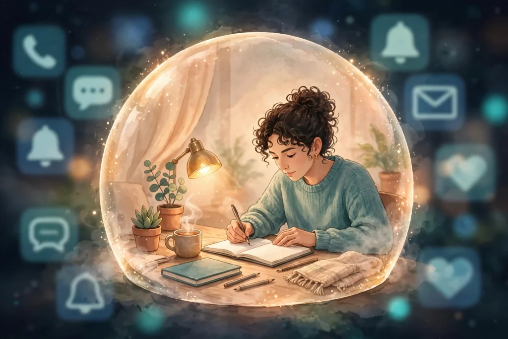 Illustration of a person in deep focus inside a calm bubble while distractions fade outside, representing deep work and how to focus without distraction