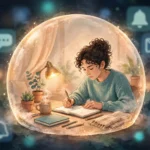 Illustration of a person in deep focus inside a calm bubble while distractions fade outside, representing deep work and how to focus without distraction