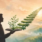 Illustration of a plant growing from an open book toward a bright horizon, symbolizing growth mindset vs fixed mindset