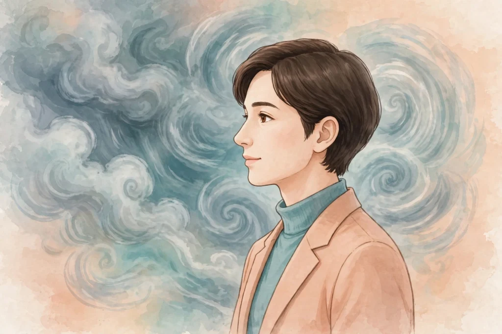 Illustration of a composed person with a subtle inner storm, representing what high-functioning anxiety feels like