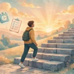 Illustration of a person taking the first step up a staircase toward a sunrise, symbolizing how to stop procrastinating by starting small