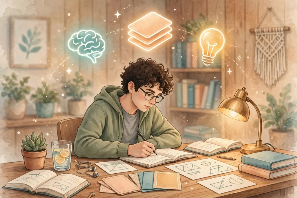 Illustration of a focused student studying at a desk with books and glowing memory icons, representing the best study techniques