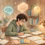 Illustration of a focused student studying at a desk with books and glowing memory icons, representing the best study techniques