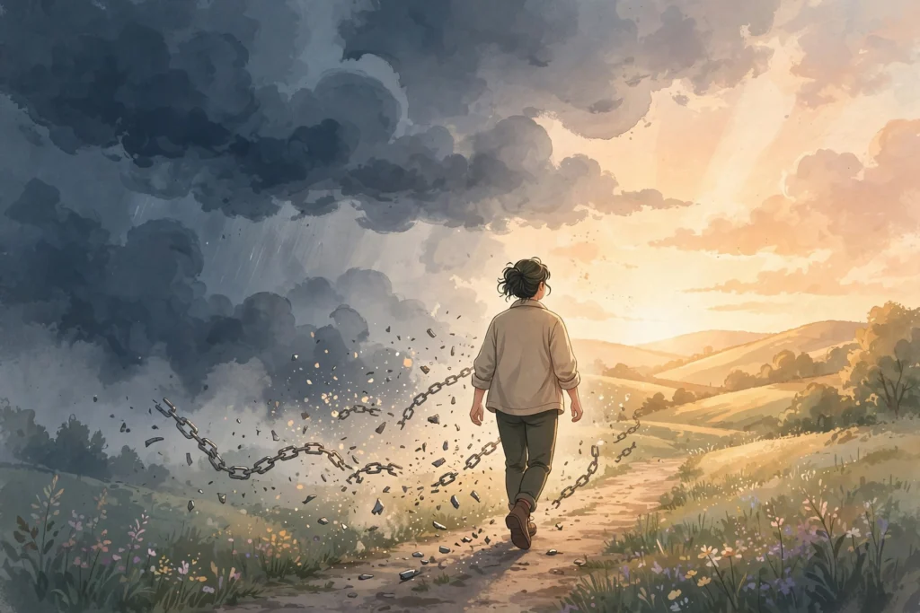 Illustration of a person walking away from dark storm clouds toward warm light, symbolizing the signs of a toxic relationship and choosing freedom