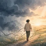 Illustration of a person walking away from dark storm clouds toward warm light, symbolizing the signs of a toxic relationship and choosing freedom