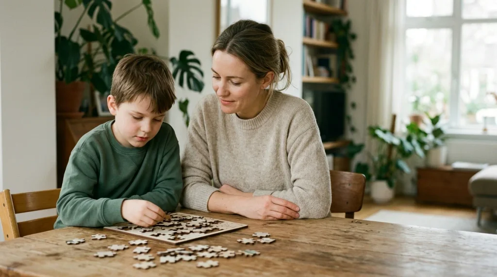 A parent encouraging a child to solve a puzzle and develop confidence and resilience.
