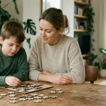 A parent encouraging a child to solve a puzzle and develop confidence and resilience.