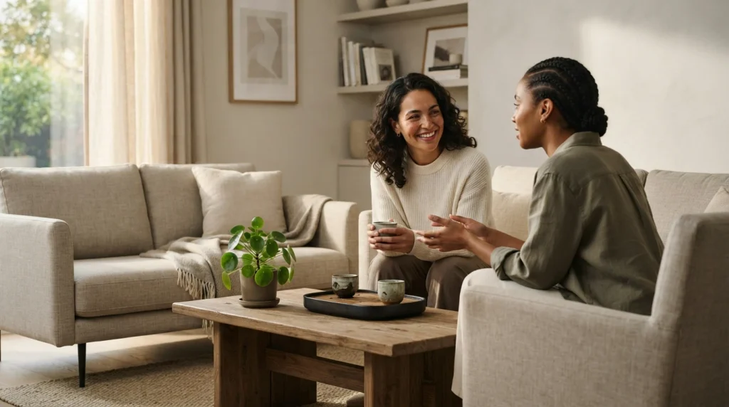 Person showing empathy by listening compassionately to someone during an emotional conversation